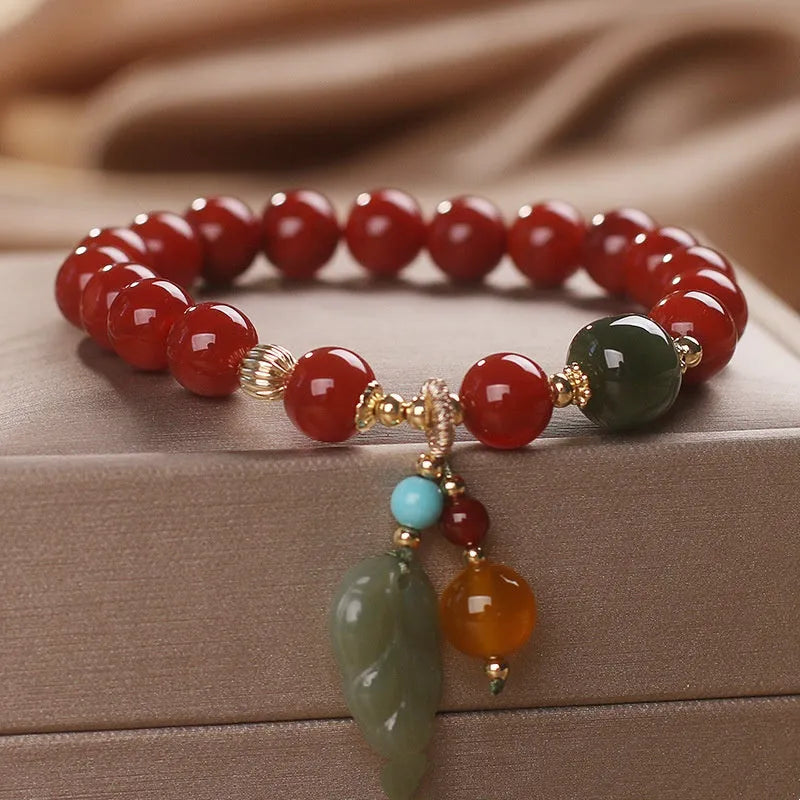 Natural South Red Agate bracelet for women with Hetian jade leaf pendant in ethnic style