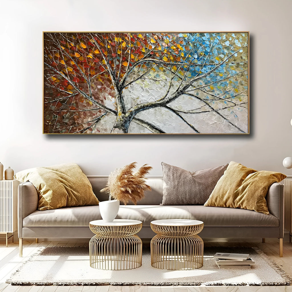 Handpainted palette knife oil painting of a modern abstract fortune tree landscape on canvas