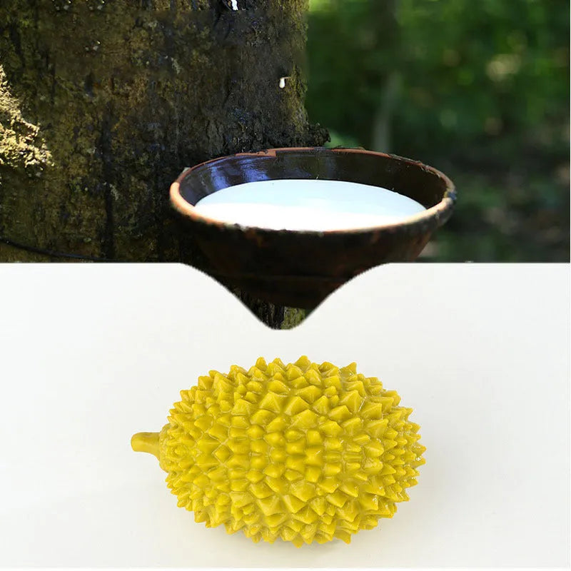 Durian-shaped dog chew toy in beige, green, and yellow colours with textured surface for teeth cleaning
