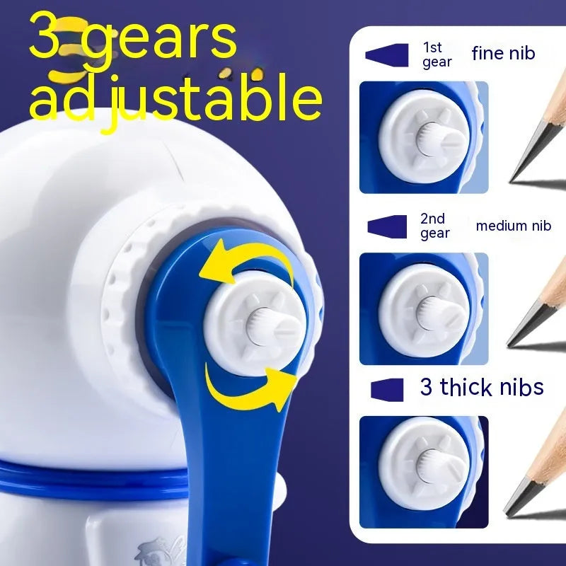 Blue astronaut cartoon manual pencil sharpener for children on a white background