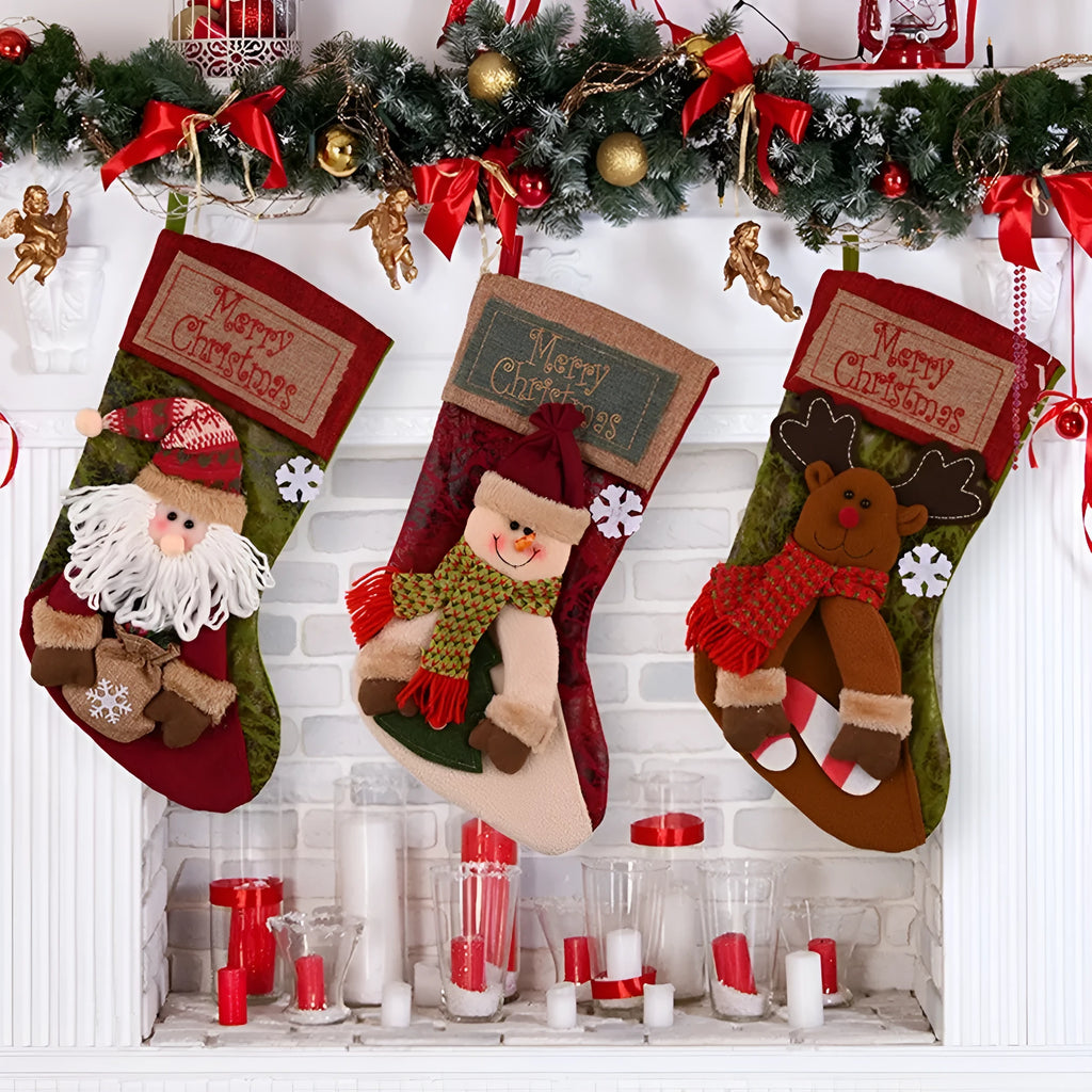 Christmas stocking with 3D appliqué snowman design, burlap fabric, and sturdy hanging loop