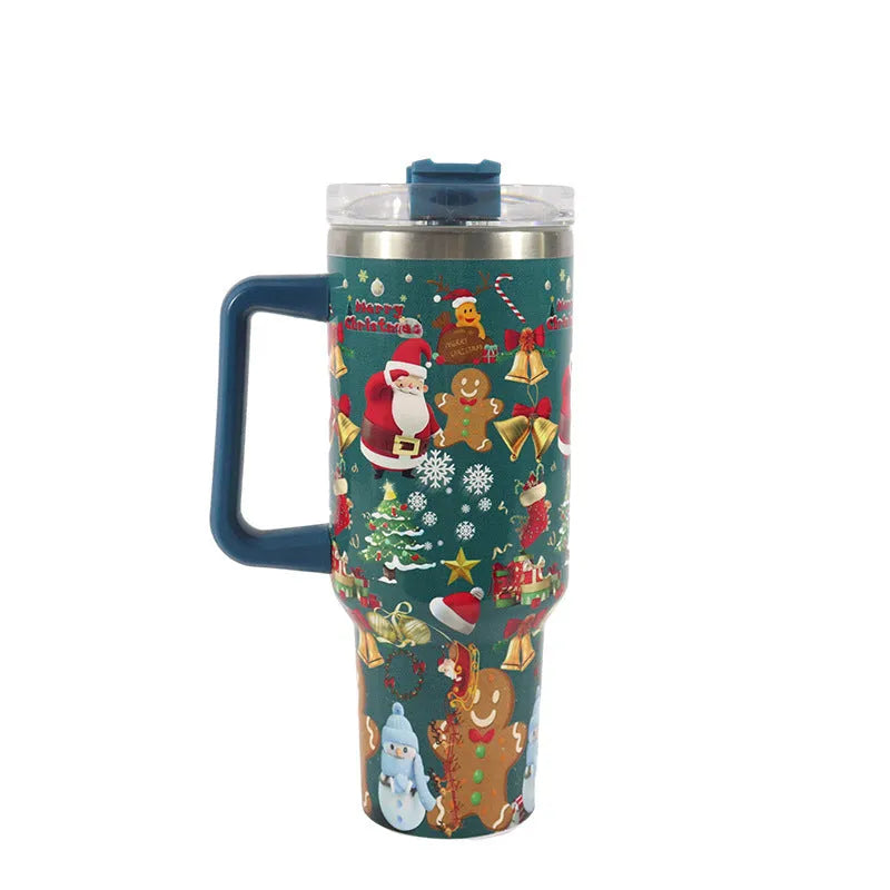 Red Christmas pattern stainless steel travel tumbler with handle and straw
