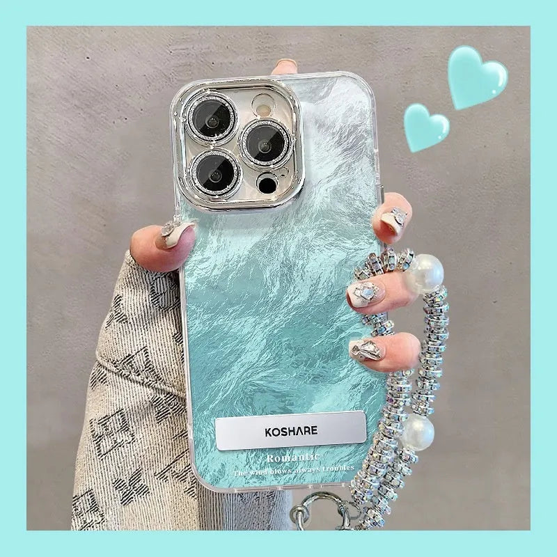 Ice blue gradient hard PC phone case with silver trim and invisible bracket for Apple iPhone