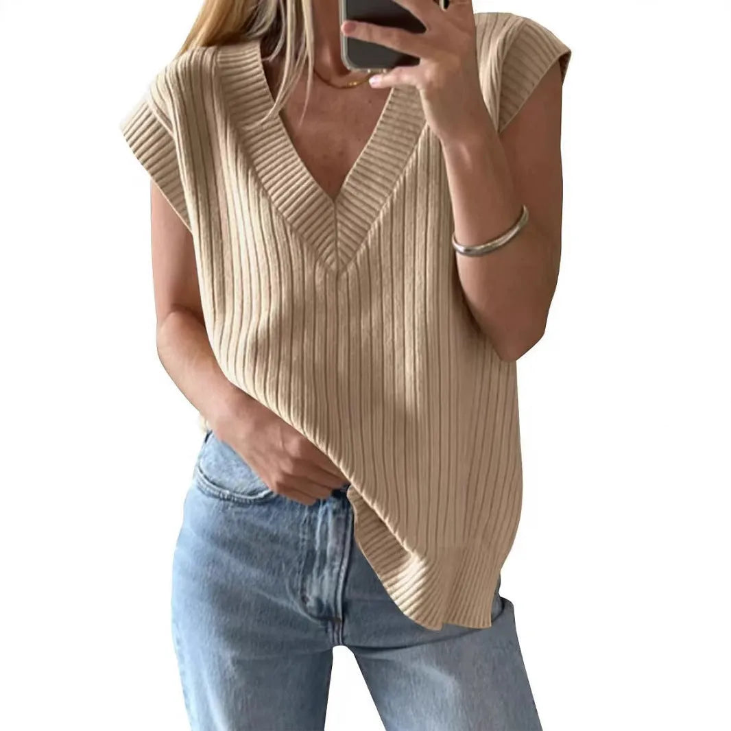 Camel coloured v-neck sleeveless pullover vest with loose fit and stripe pattern