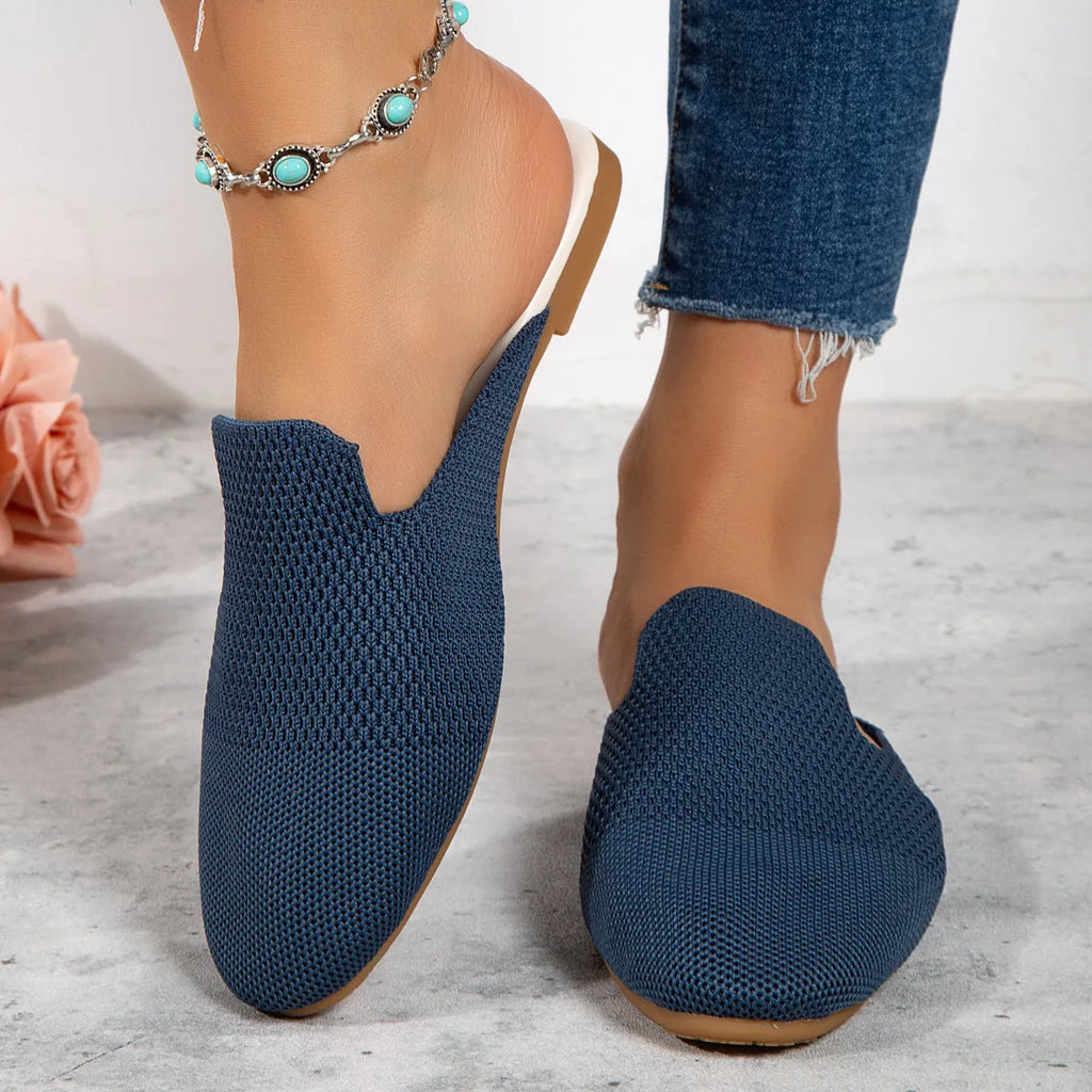 Women's mesh slip-on sandals in apricot colour with cloth upper and rubber sole