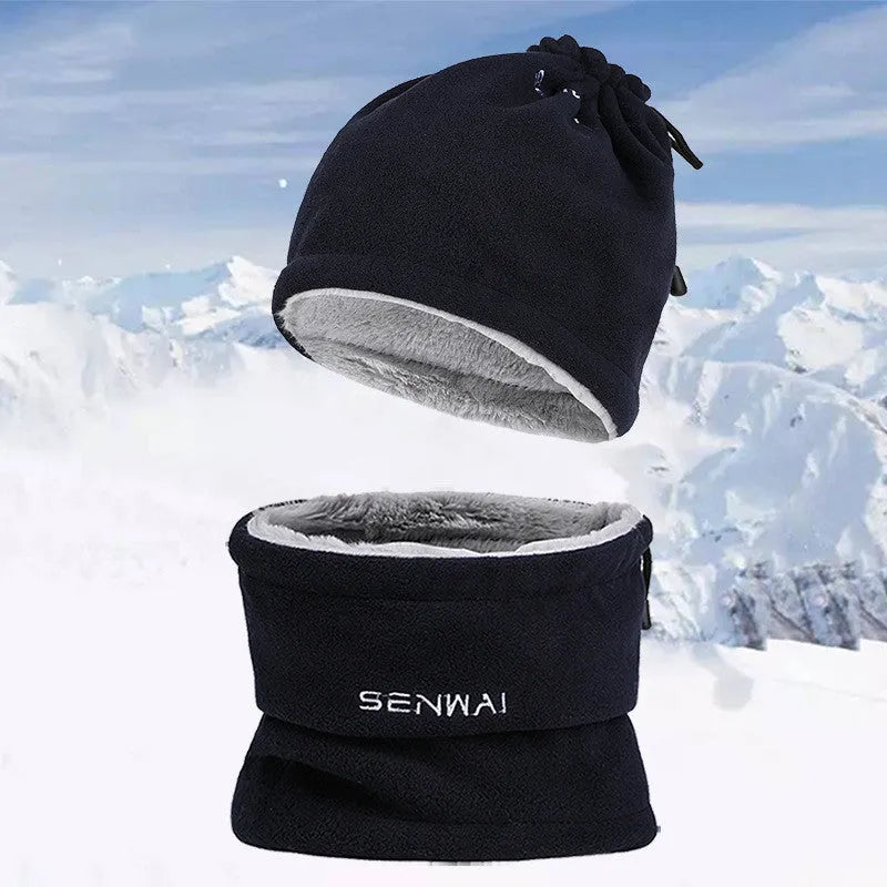 Outdoor plush hat with bib neck protection in dark grey, dome crown, cotton fabric, one size 55-60cm