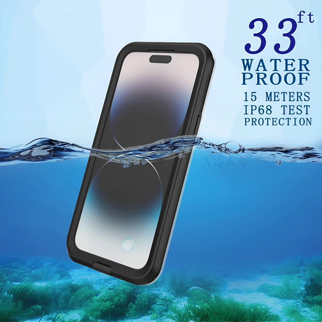 Black frosted waterproof iPhone case with magnetic suction function shown next to a phone.