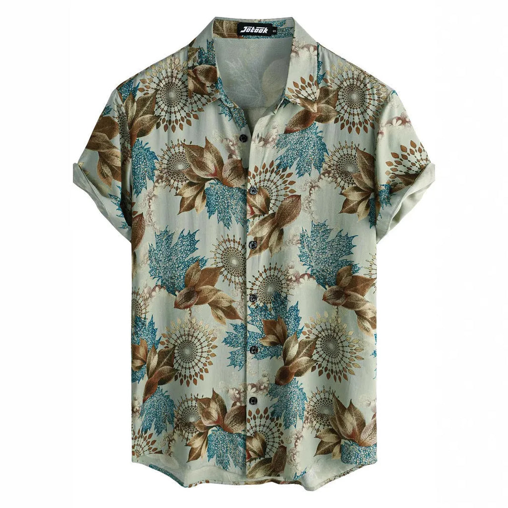 Man wearing a short sleeve Hawaiian print shirt with lapel collar in a floral pattern.