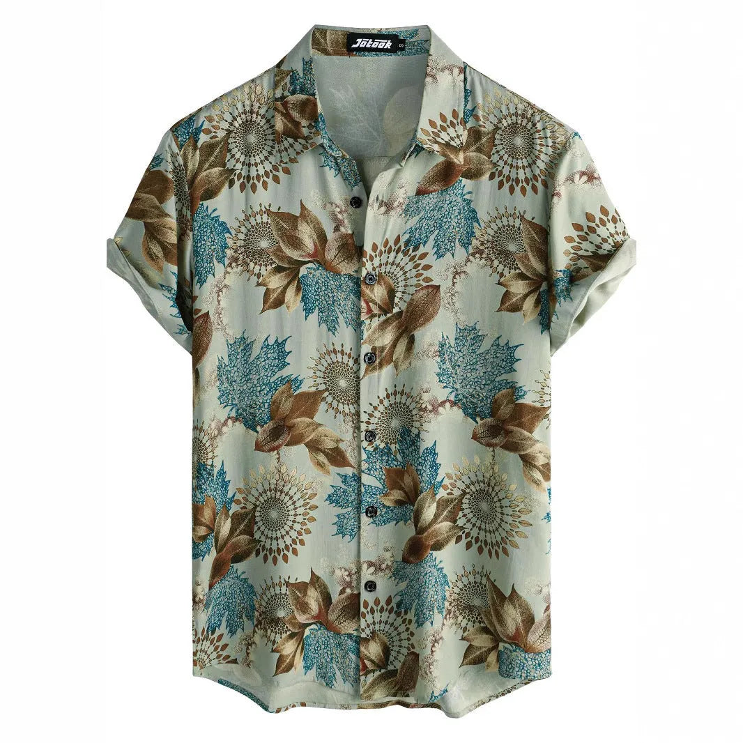 Man wearing a short sleeve Hawaiian print shirt with lapel collar in a floral pattern.