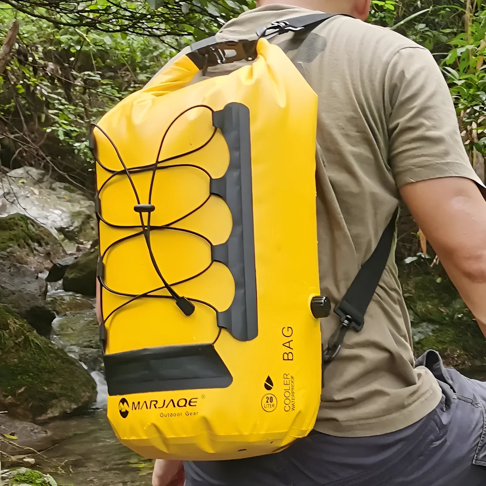 Yellow and black 20L waterproof backpack with dry wet separation for water sports and outdoor activities