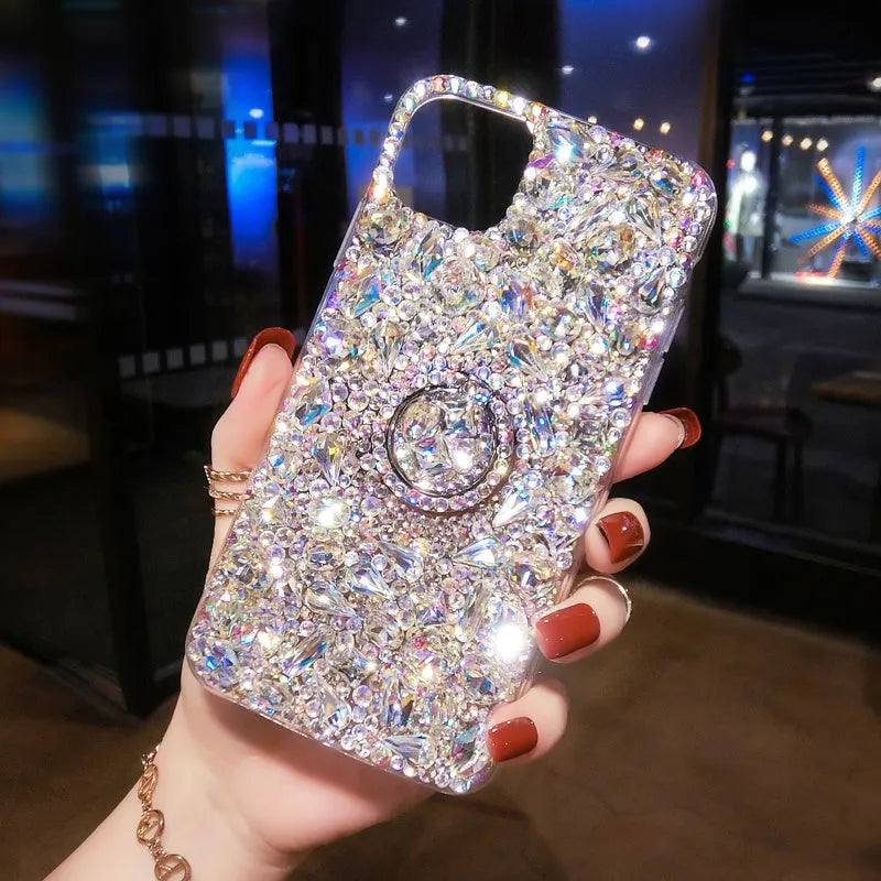 Luxury colourful diamond acrylic phone case with bracket for Samsung Galaxy smartphones.