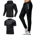 Men's sportswear gym fitness three piece set in black with quick dry polyester fabric