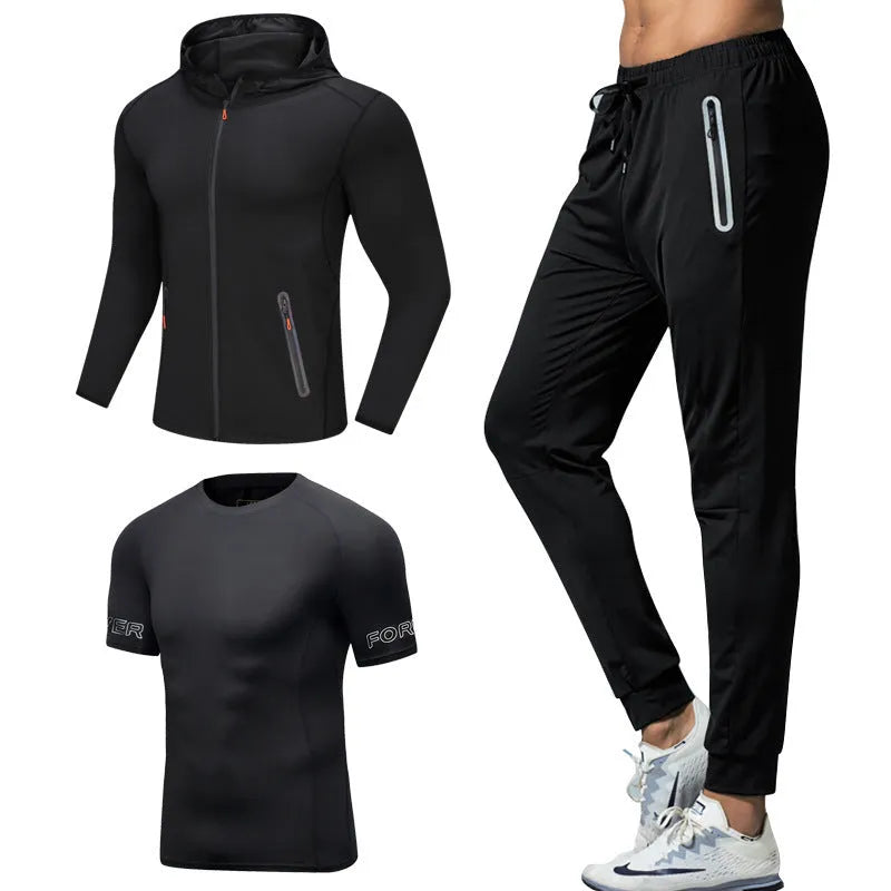 Men's sportswear gym fitness three piece set in black with quick dry polyester fabric