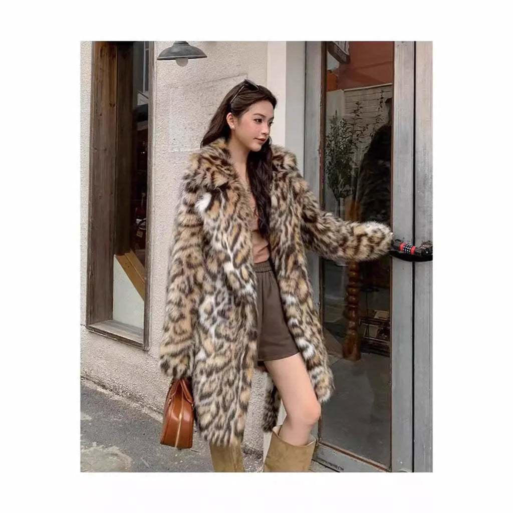 Artificial fox fur coat with fur collar in street fashion style with pockets