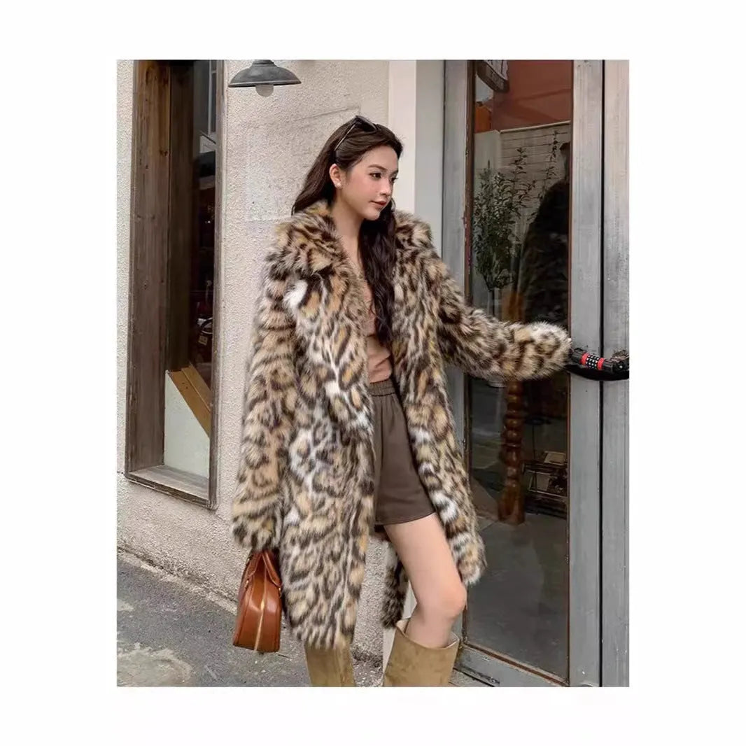 Artificial fox fur coat with fur collar in street fashion style with pockets