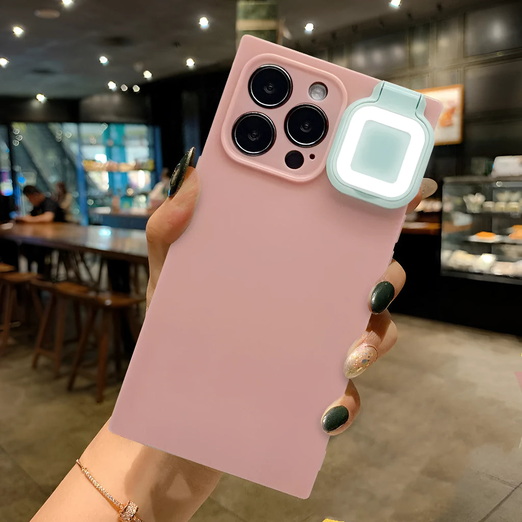 Ring flash mobile phone case for iPhone 13 in pink, white green, white and pink green colour options