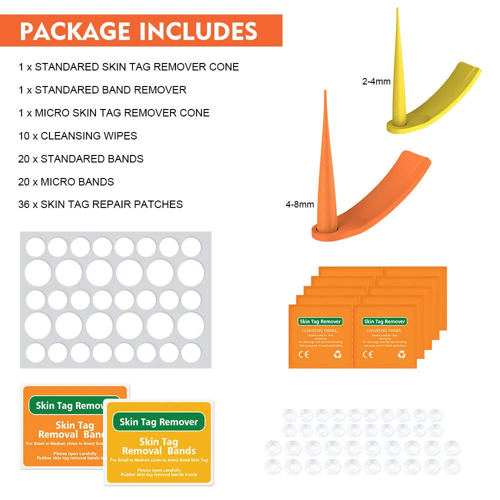 Orange mole removal tool kit with wart remover device, rubber rings, alcohol swabs, and repair sticker