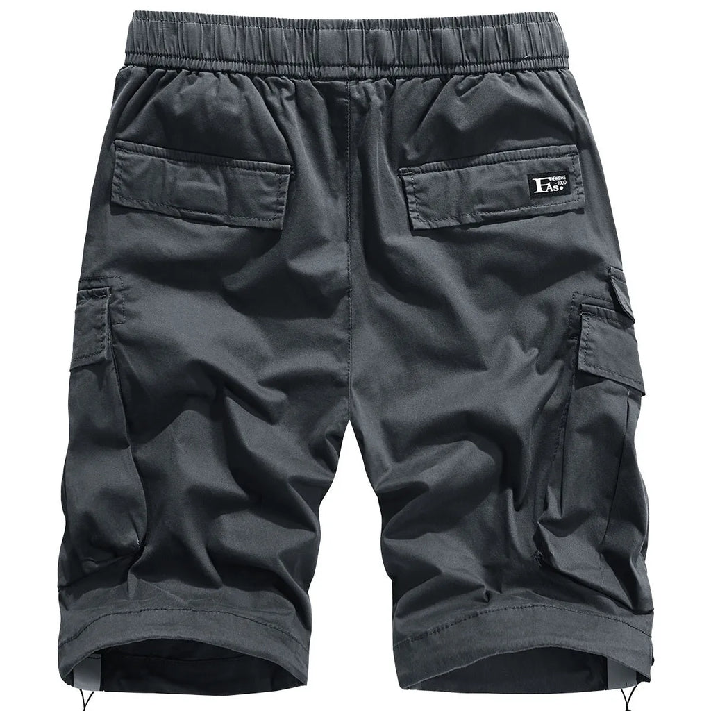 Men's cotton cargo shorts in solid black, mid-waist fit, size M to 3XL