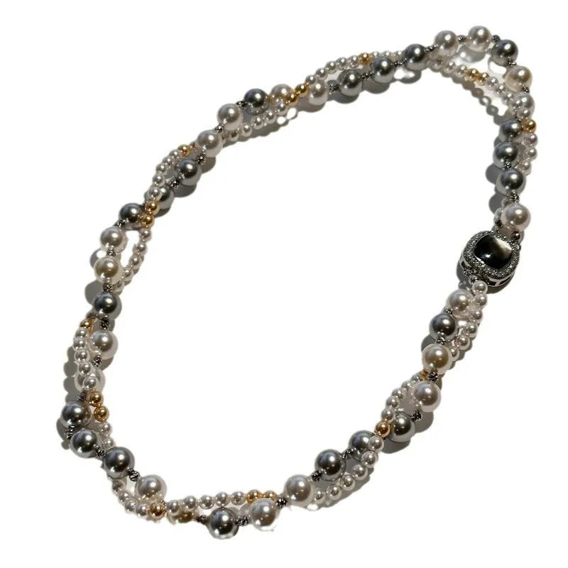 Double-layer pearl necklace with micro-inlaid square pendant and electroplated finish for women 43cm