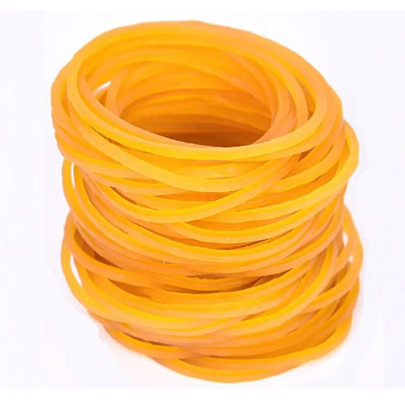500g pack of yellow rubber bands showing assorted sizes from small to large diameters