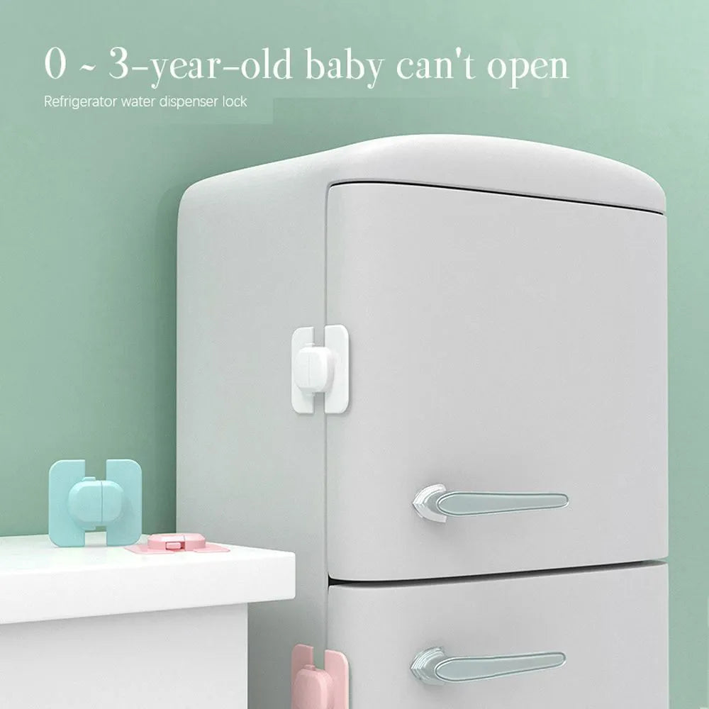 Adjustable child safety cabinet lock with strap showing grey and green colour options