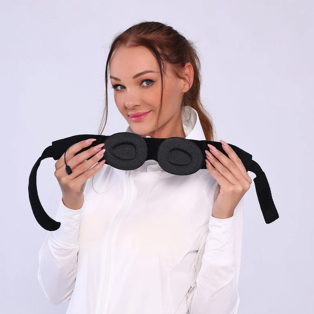 Grey outline Bluetooth sleeping eye mask with integrated wireless headphones for pressure-free music during sleep