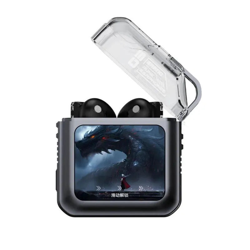 White Bluetooth headset with colour screen display showing battery level and connection status