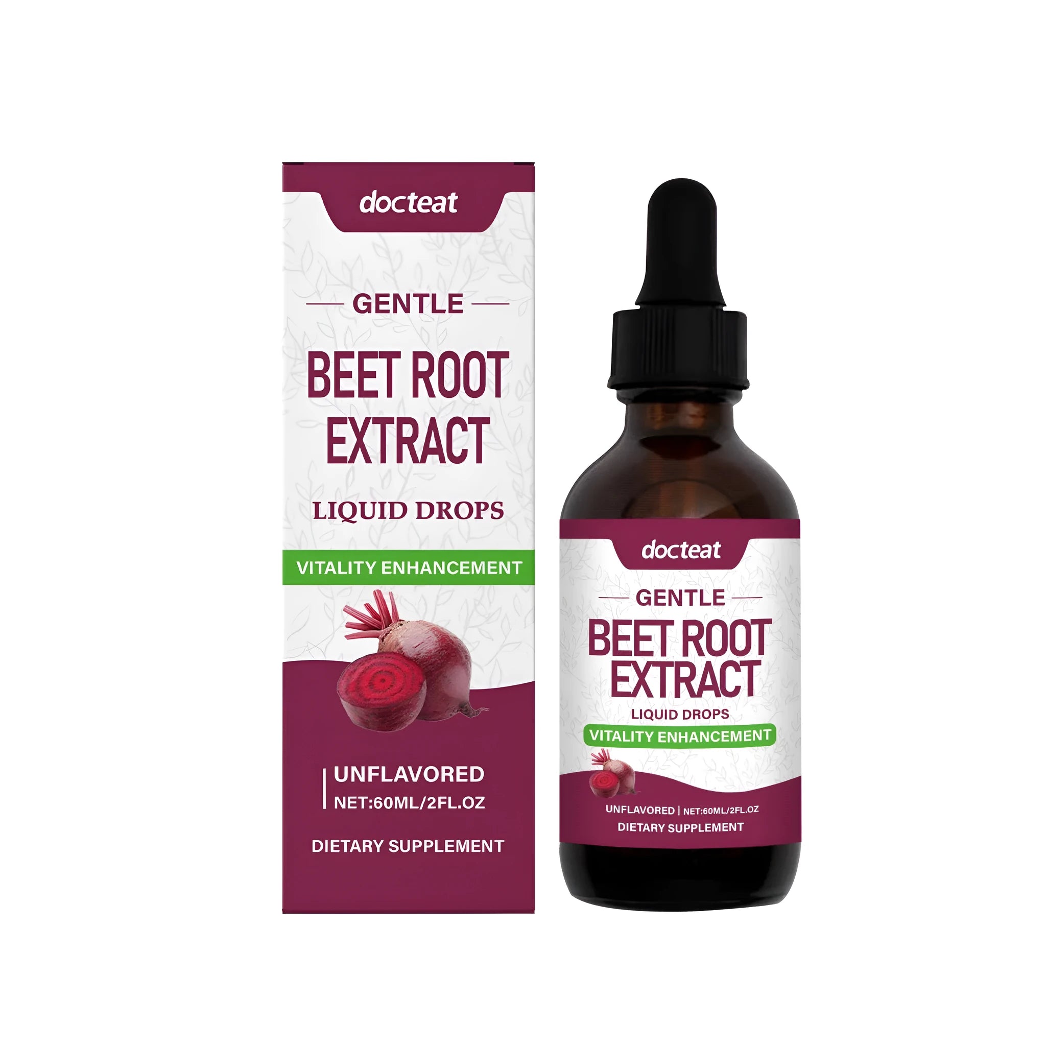 60ml glass bottle of beetroot drops liquid dietary supplement on a plain background.