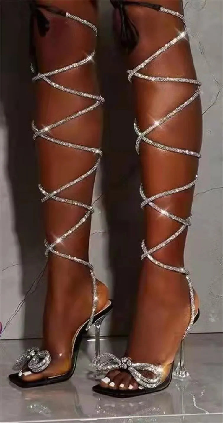 Plus size women's high-heel sandals with rhinestone straps in black, beige, and colourful colours.