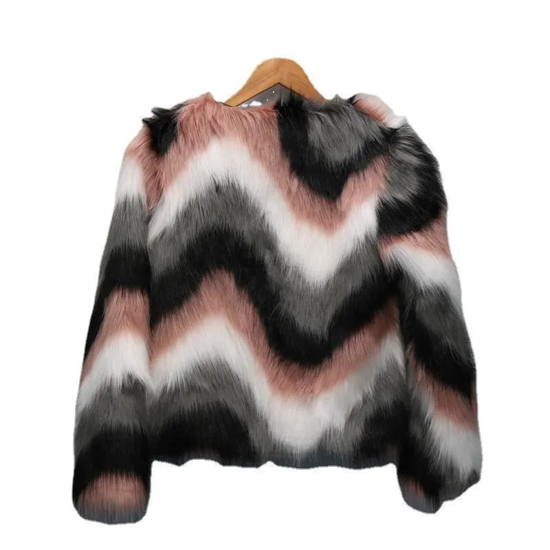 Korean style women's faux fur leather coat with O-neck design