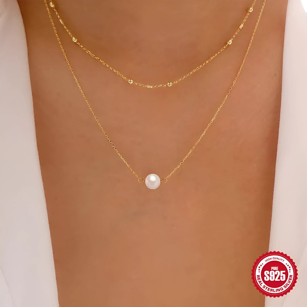S925 sterling silver double layer twin pearl necklace with diamond treatment pendant