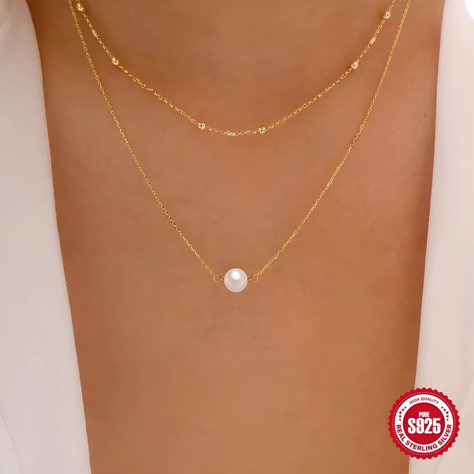 S925 sterling silver double layer twin pearl necklace with diamond treatment pendant