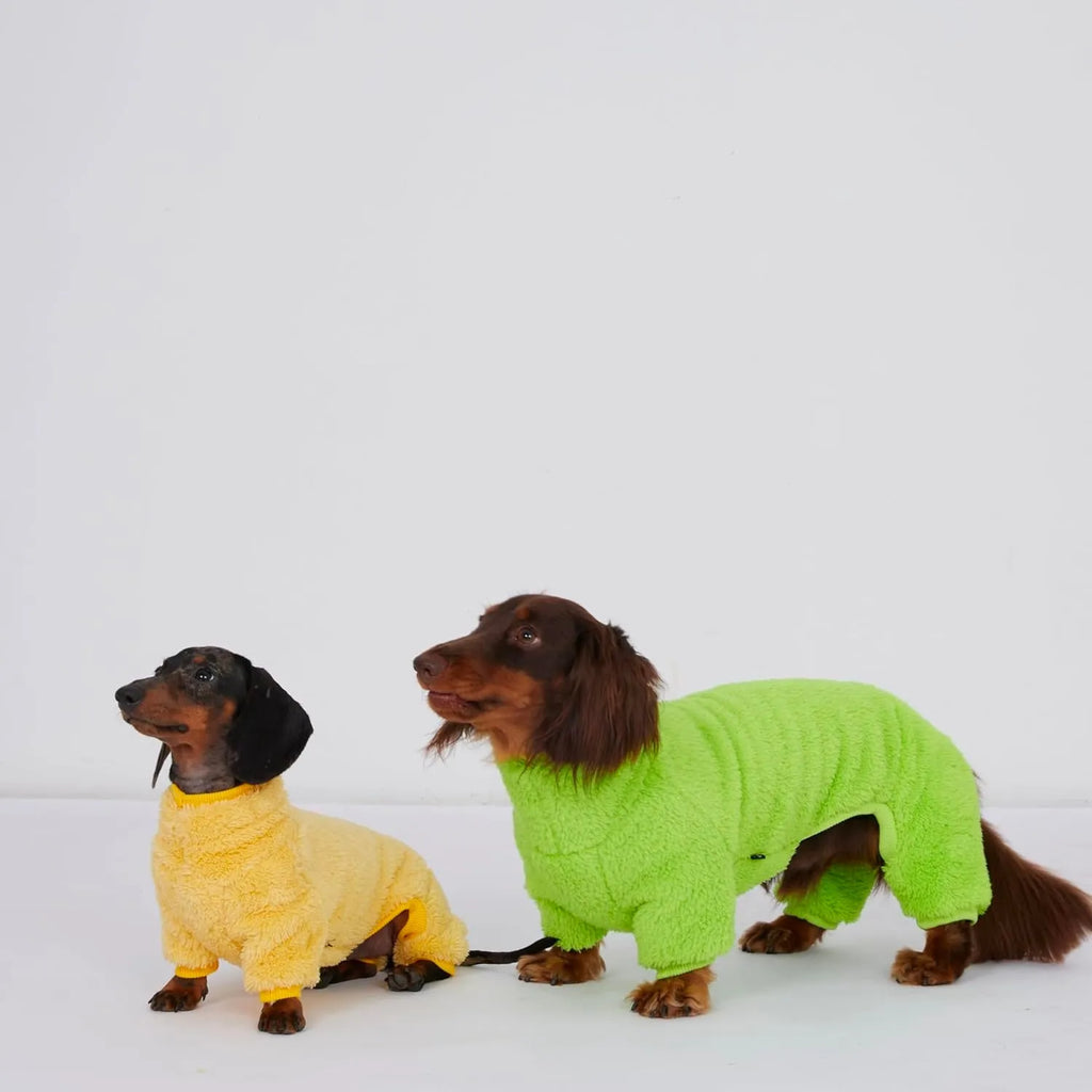 Sausage dog autumn winter warm thick bottom four legged coat in pink, fluorescent green, military green or light yellow, sizes S to 3XL