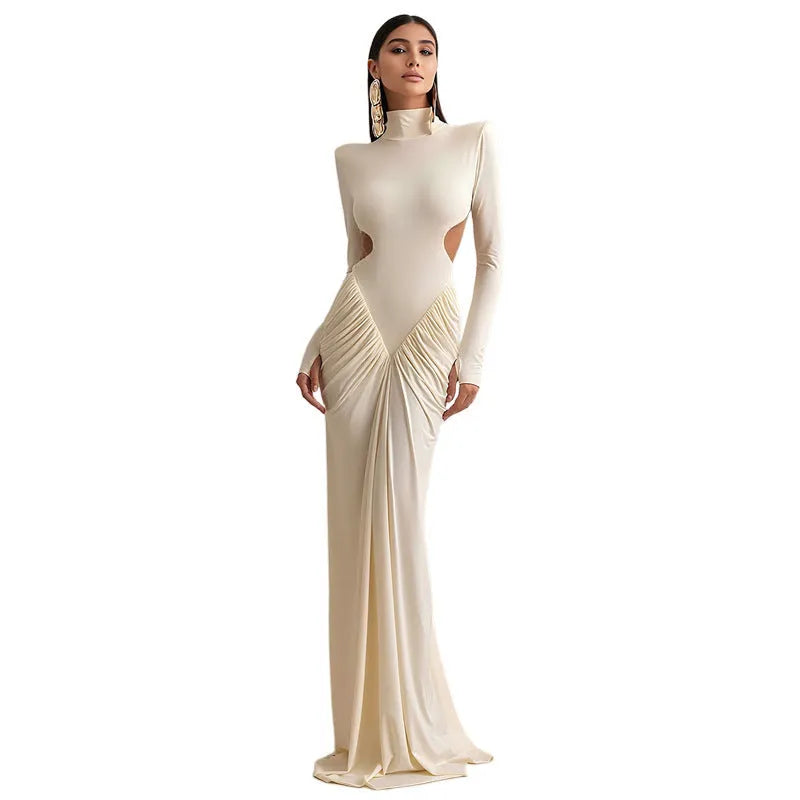 Women's long sleeve high collar slim fit dress with pleated backless detail in apricot colour.