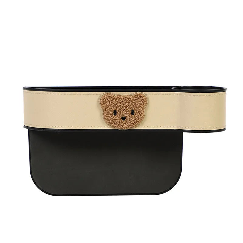 Car seat gap storage box with cartoon bear design made from leather