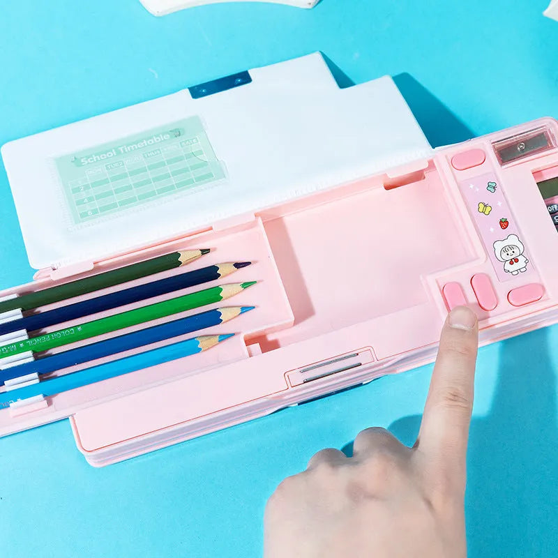 Multifunctional plastic pencil box with calculator, double-sided opening, available in multiple colours