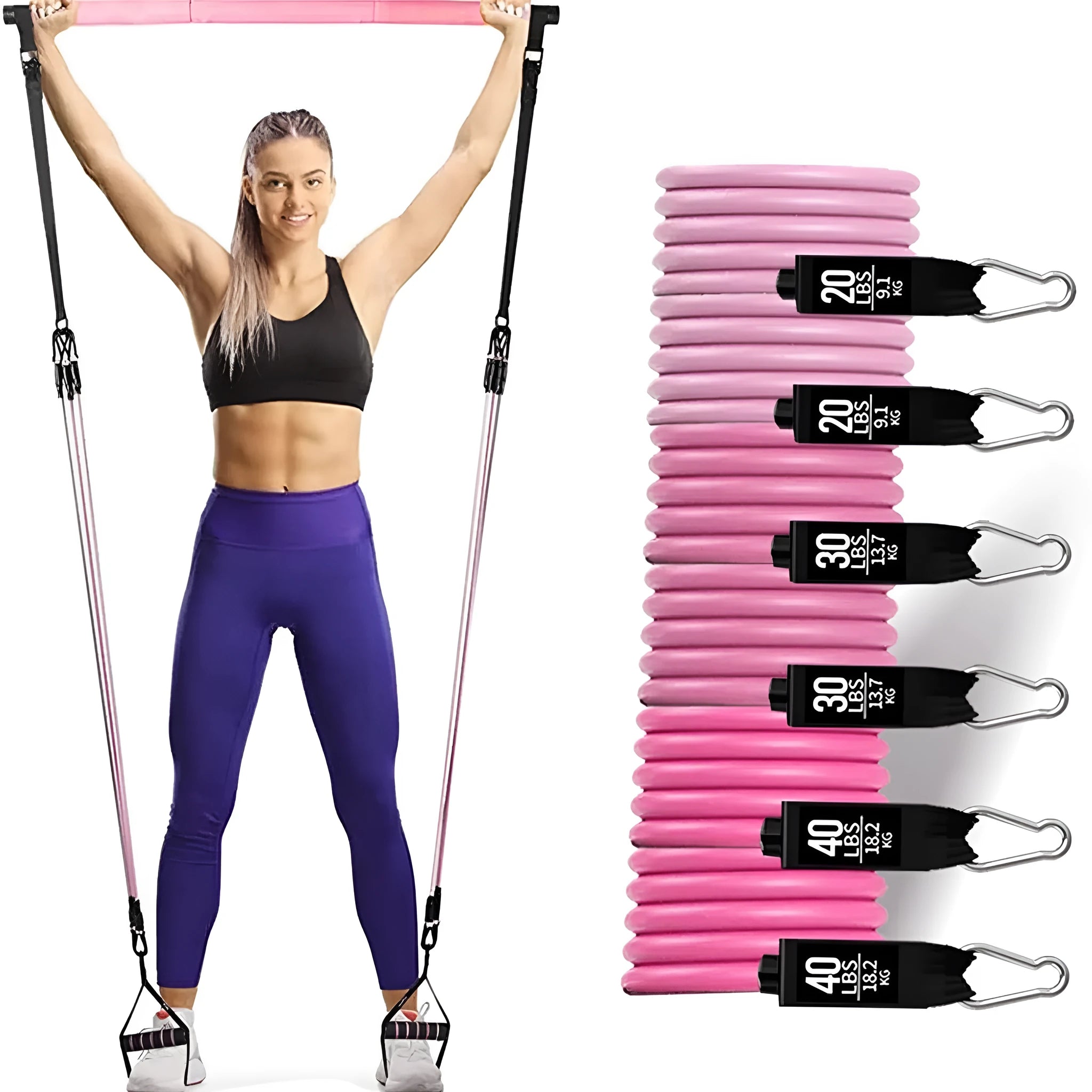 Yoga gymnastic bar with 180-pound pink and black TPE resistance bands for fitness training