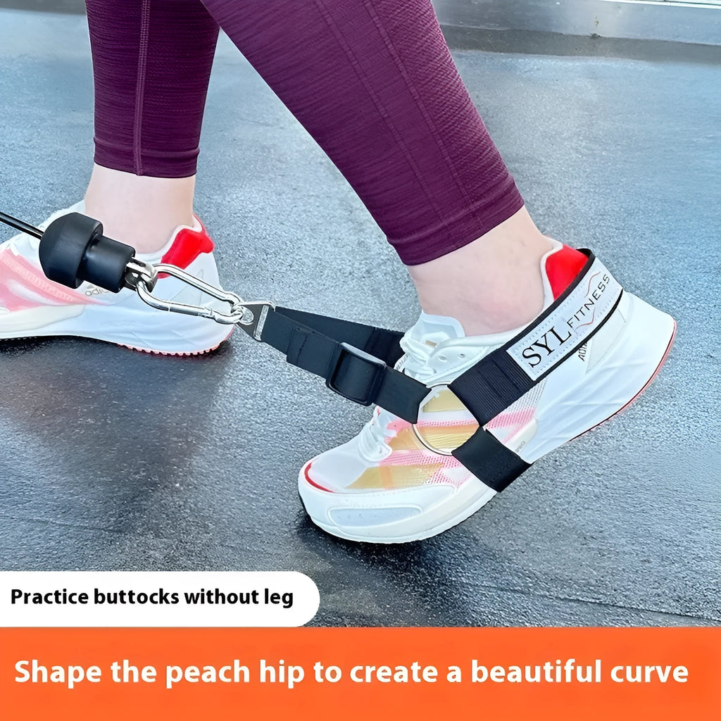 Ankle buckle and leg strength strap tension booties with foot lanyard in black, grey, or pink.