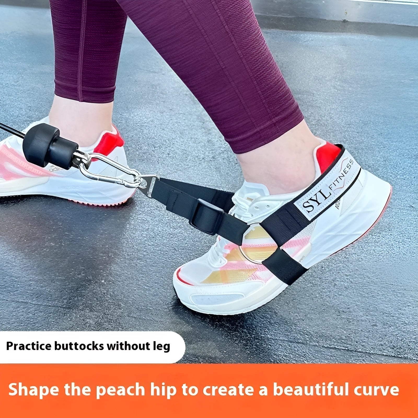 Ankle buckle and leg strength strap tension booties with foot lanyard in black, grey, or pink.