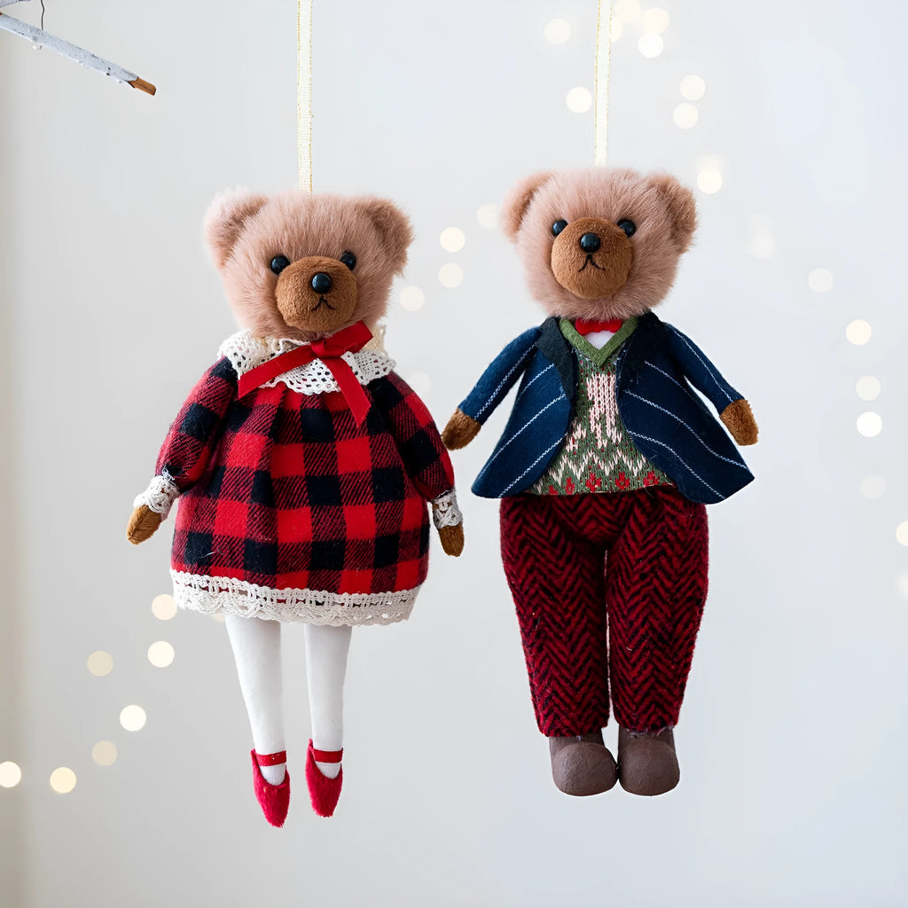Cartoon plush bear doll couple in suit plaid design showing gentleman bear and princess bear options