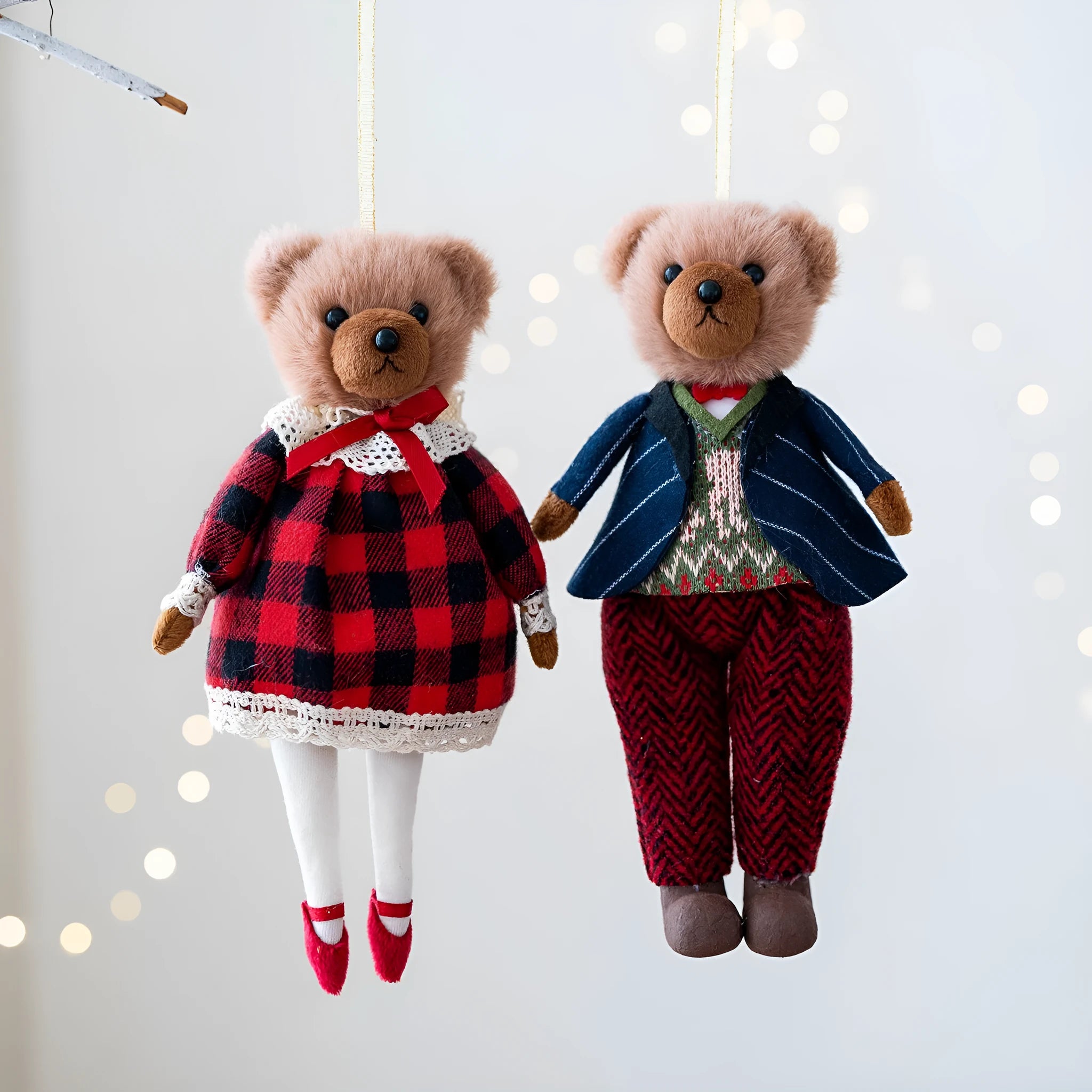 Cartoon plush bear doll couple in suit plaid design showing gentleman bear and princess bear options