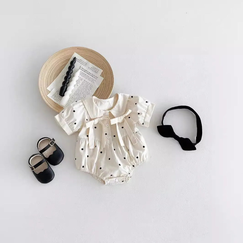 Girls' light beige polka dot jumpsuit with matching headband, Korean style, cotton, baby romper size 66-100cm