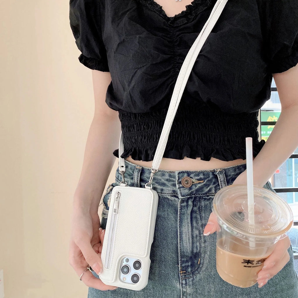 Lychee pattern phone case with card slot beauty mirror and crossbody strap in beige colour