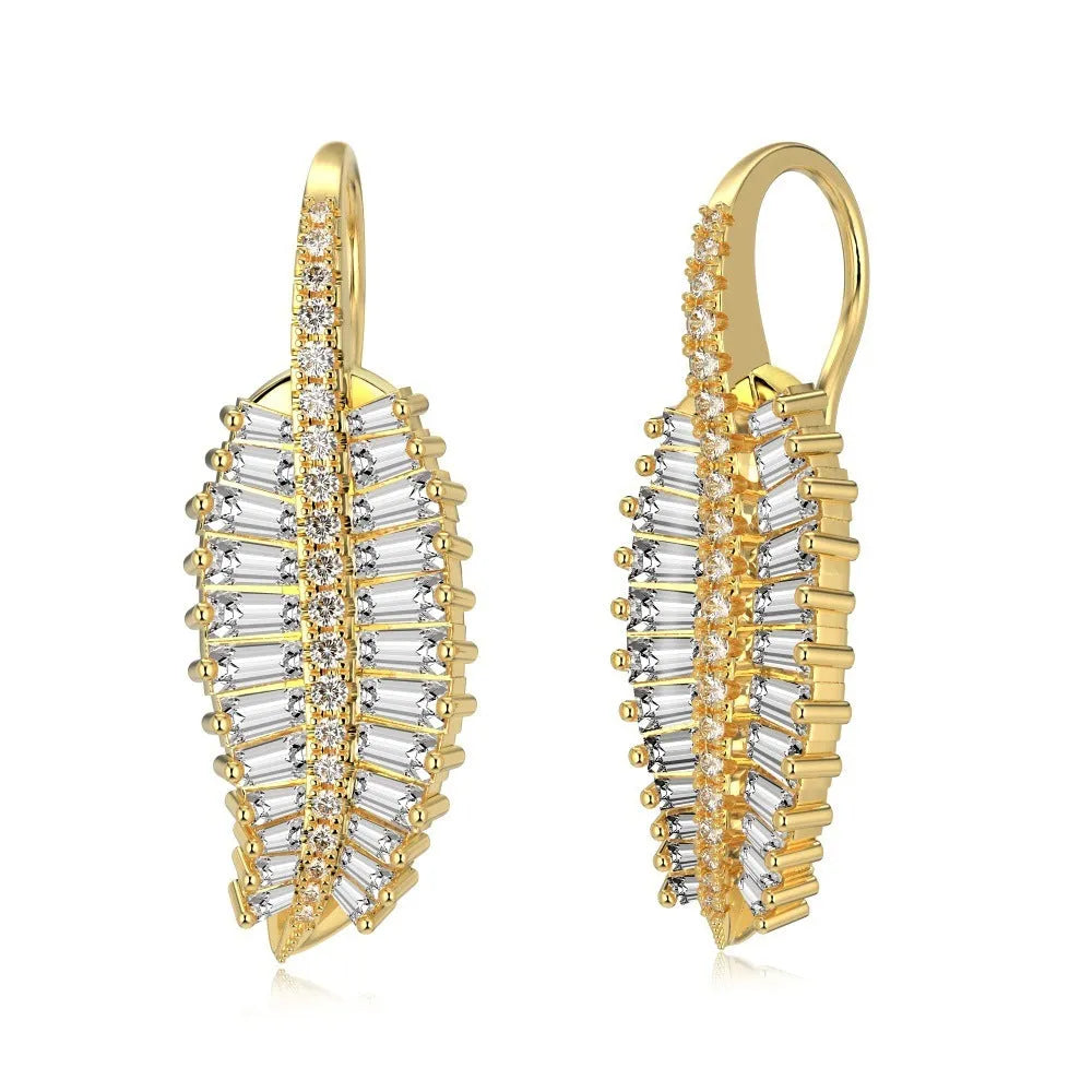 S925 sterling silver stud earrings with leaf and zircon detail, 11.6mm x 35.2mm, gold or platinum
