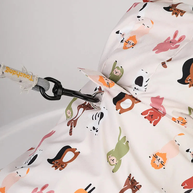 Beige cartoon dog raincoat with waterproof PU coating in small animal or cat head design