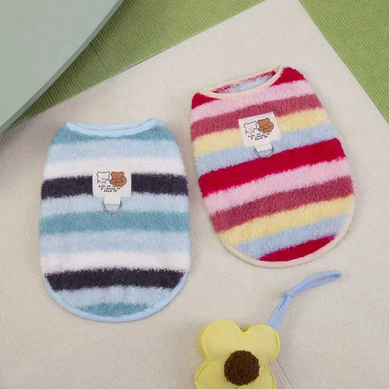 Striped fuzzy two-legged dog coat with integrated leash ring and bear cloth label, for small and medium dogs