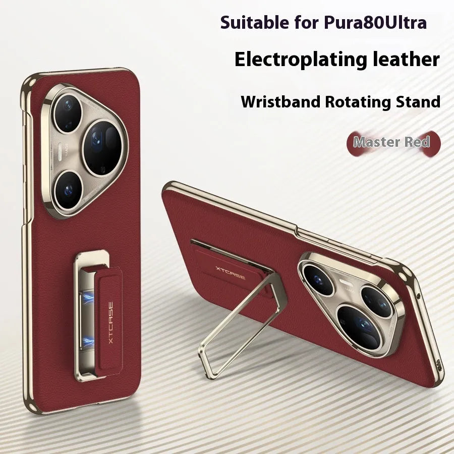 Huawei Pura80Ultra imitation leather phone case with gold wrist strap and rotating bracket in bright gold, master red, and black colour options