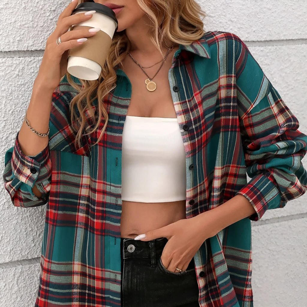 Women's casual loose plaid shirt in striped pattern with long sleeves and regular fit