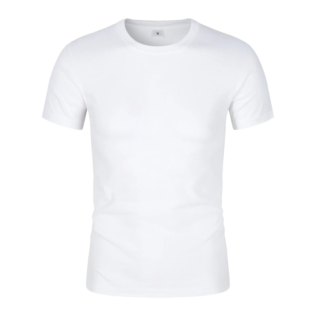 Men's solid colour short sleeve cotton t-shirt on a hanger in white and black.