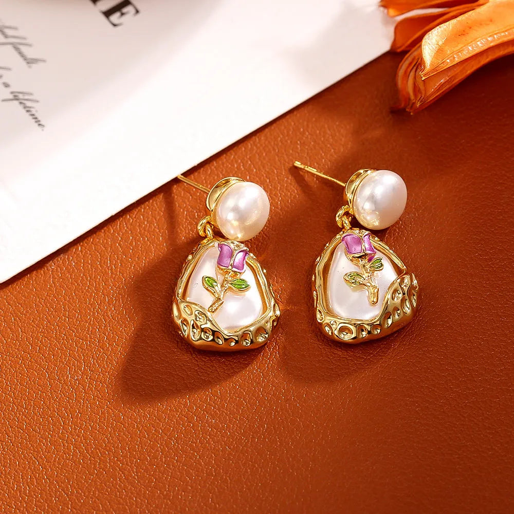 Rose baroque pearl stud earrings for women, copper base with pearl inlay, geometry shape, one pair